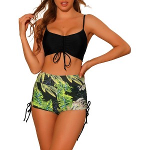 Elerevyo Women's Drawstring Push Up Top Tropical Print High Waist Shorts Swimwear Bathing Suits 2 Pcs - 1 of 4