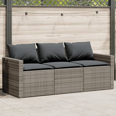vidaXL Patio Sofa with Cushions 3-Seater Gray Poly Rattan