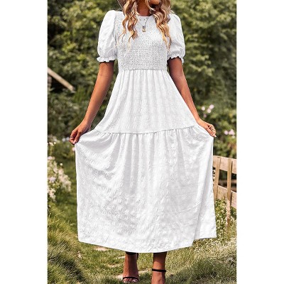 Women's Summer Crew Neck Short Sleeve Smocked Midi Dress Casual Elastic Waist Tiered A Line Maxi Dress