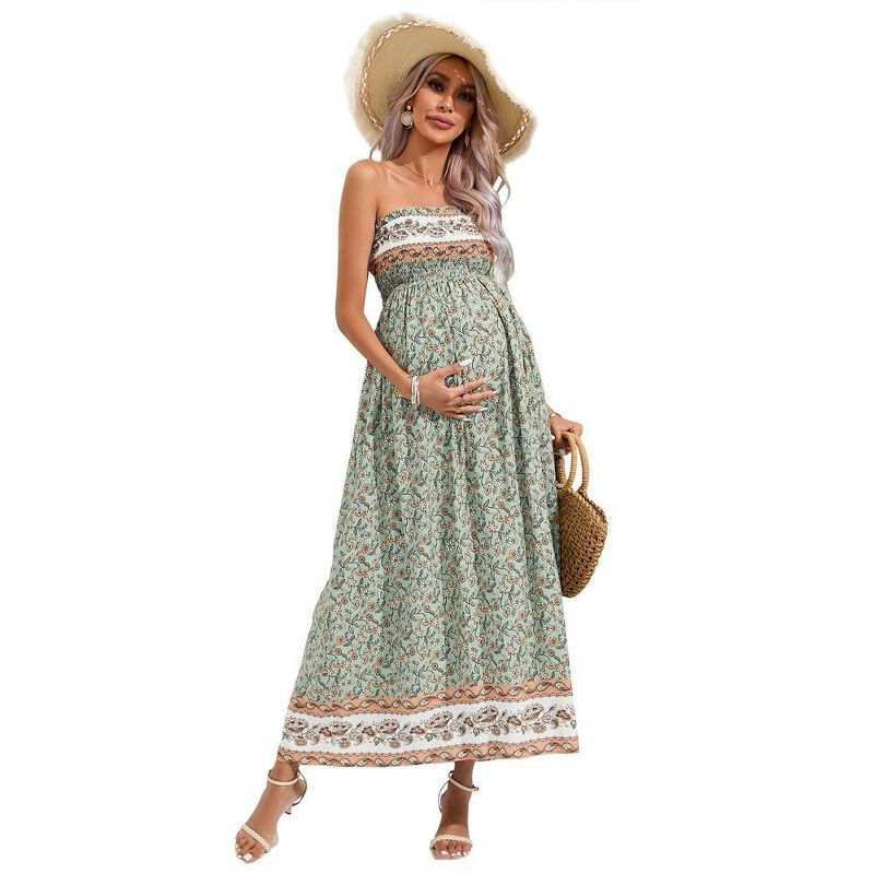 Maternity Sleeveless Smocked Dress Summer Casual Strapless Boho Flowy Tube Top Maxi Dress Photoshoot Baby Shower, 1 of 8