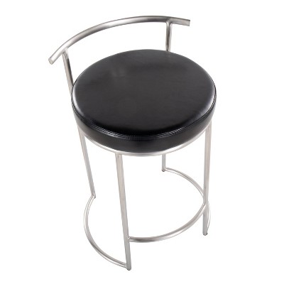 Set of 2 Black Leather and Metal Round Counter Stools