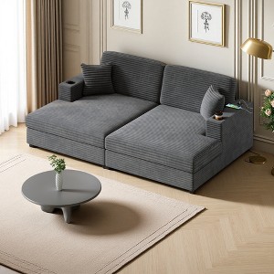 86.5" Corduroy Chaise Lounge Sectional Sofa Bed with USB - 1 of 4