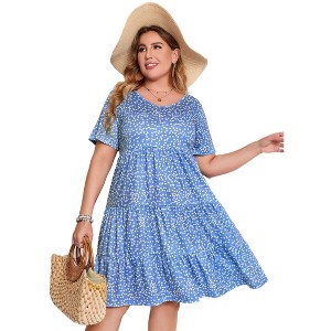 Coolmee Womens Summer Maxi Dress Plus Size Casual  Short Sleeve Ruffle Tiered V Neck Swing Long Sundress - 1 of 4