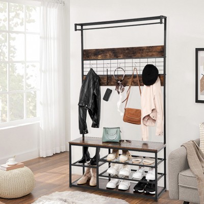 Coat Rack Hall Tree with 3-Tier Shoe Storage and 5 Hooks ，Sturdy wooden boards and iron grids， Large Wood-Look Shoe Rack Bench for Entryway, Closet