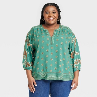 Women's Plus Size Balloon 3/4 Sleeve Woven Top – Knox Rose Green Floral 3X  | Inox Wind