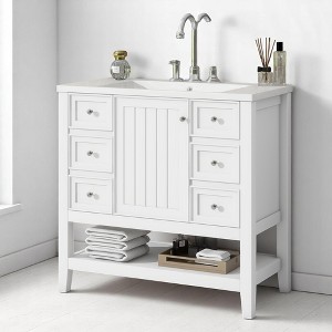 Mshliw 36" Bathroom Vanity with Ceramic Sink, One Cabinet, Three Drawers, and Open Shelf - Modern Freestanding Design - 1 of 4