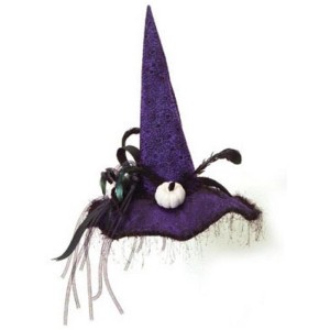 Melrose 22" Witch Hat with Pumpkins, Feathers and Lace Halloween Deoration - Purple/Black - 1 of 2