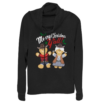 Juniors Womens Lost Gods Christmas Y'All Gingerbread Cowl Neck Sweatshirt