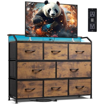 8 Dresser TV Stand with Power Outlets, Led Dresser for Bedroom, Fabric Chest of Drawers with Double Open Shelves, Wood Top, Steel Frame