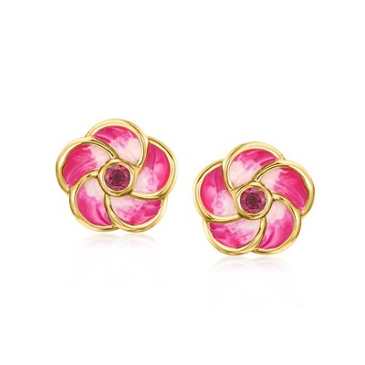 Ross-Simons 0.30 ct. t.w. Rhodolite Garnet Flower Earrings With White and Pink Enamel in 18kt Gold Over Sterling