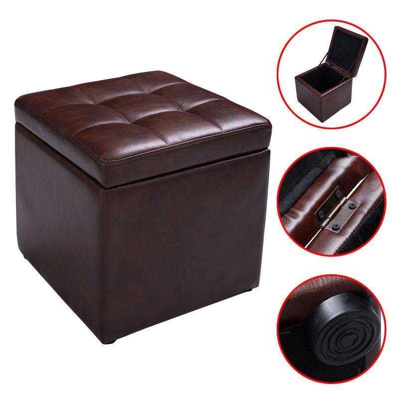 Costway 16''Cube Ottoman Pouffe Storage Box Lounge Seat Footstools with Hinge Top Red Brown, 2 of 11