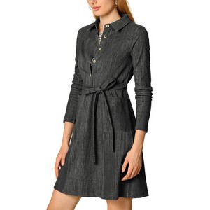 Allegra K Women's Half Placket Long Sleeve Casual Shirt Dress with Belt - 1 of 4