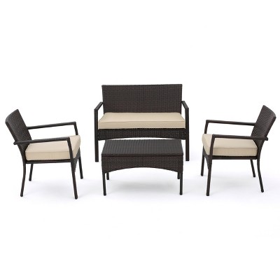 GDFStudio Warner Outdoor Wicker 4 Seater Chat Set with Cushions, Multibrown/Dark Cream