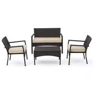 GDFStudio Warner Outdoor Wicker 4 Seater Chat Set with Cushions, Multibrown/Dark Cream - 1 of 4