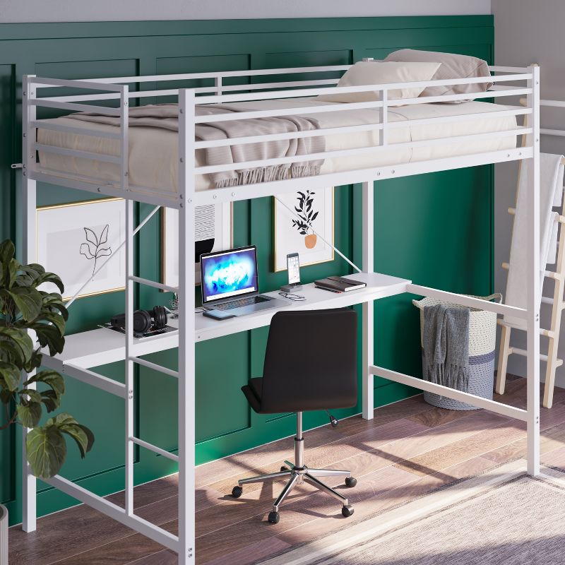 Emma and Oliver Metal Loft Bed Frame with Desk, Protective Guard Rails and Ladder for Kids, Teens and Adults, 5 of 13