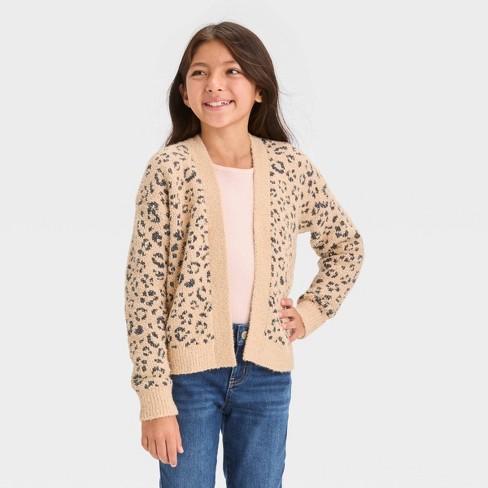 Kid's Cropped Sweater Black and Gray Leopard Wool-Blend Knit Jacquard