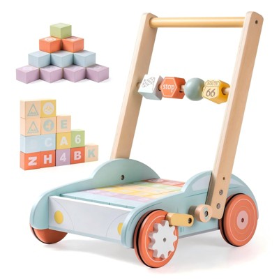 ROBOTIME Wooden Baby Walkers Push Toys for Baby 10 Month +, Adjustable Push & Pull Learning Walker Activity Toys,Blue,14.1''*11.2''*16.9''