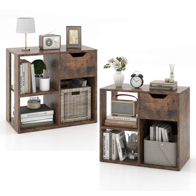 Costway 1/2 PCS 3-Cube Bookshelf 2-Tier Open Shelf Bookcase with Drawer Home Storage Organizer