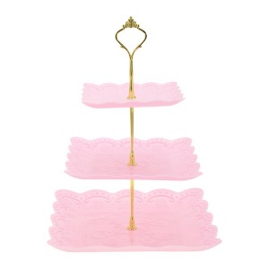 Unique Bargains 3 Tier Dessert Cupcake Stand Square with Tiered Serving Tray for Donuts Fruits Pink Gold Tone - 1 of 4