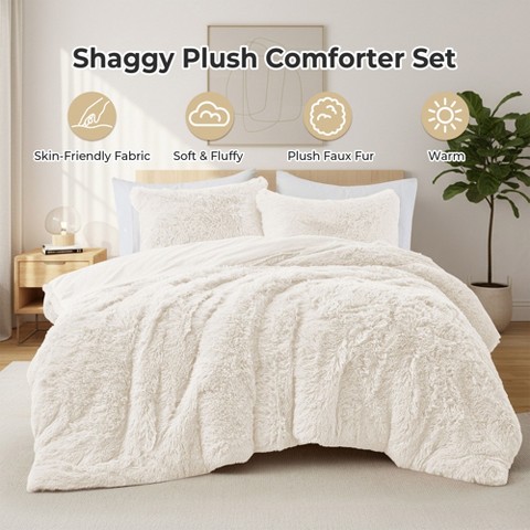Peace Nest Fluffy Shaggy Faux Fur Comforter Set, Fuzzy Plush Bedding Set, Cream, Queen