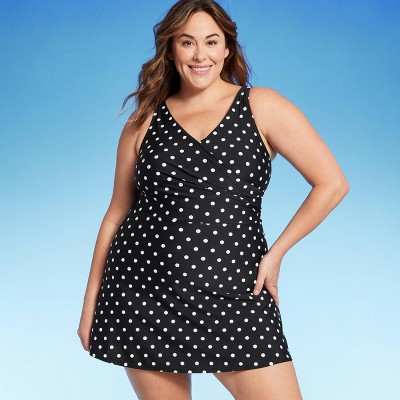 Lands' End Women's UPF 50 Tummy Control Polka Dot Surplice Swim Dress -  Black XL