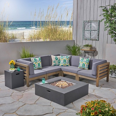 Oana 7pc Acacia V-Shaped Sectional Sofa with Fire Pit Set - Gray/Dark Gray - Christopher Knight Home