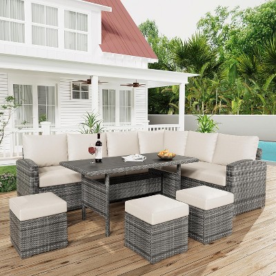 7 Piece Outdoor Sectional Sofa with Dining Table,Outdoor Sectional Dining Table Set,PE Rattan Outdoor Furniture with Dining Table with Ottoman