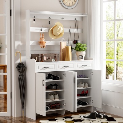 KTMBDW Four-Door Shoe Cabinet with Coat Rack, Spacious Top,3 Drawers, 8 Shelves, Metal hooks and handles for Hallway, Entryway, Living Room