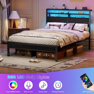 Furnulem Full Size Bed Frame with Headboard 2 Fabric Drawers Bed Featuring LED Lights Built-in Charging Station Storage Shelves No Box Spring Needed - 1 of 4