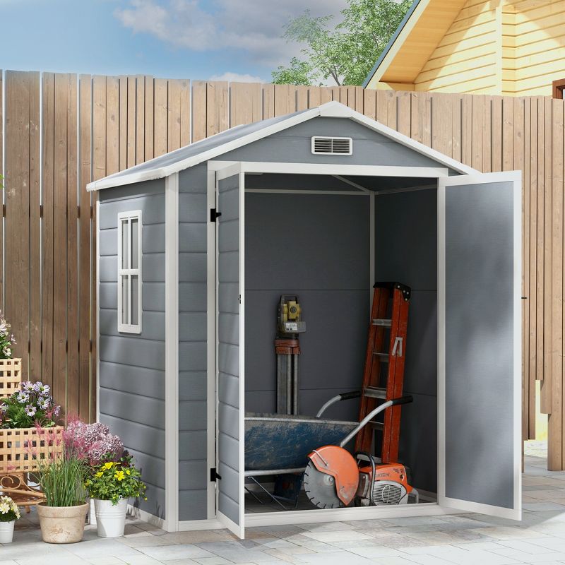 Outsunny Outdoor Storage Shed, 72" x 52.75" Garden Shed with Double Lockable Doors, Vent and Window, Plastic Utility Tool Shed, Gray, 3 of 7