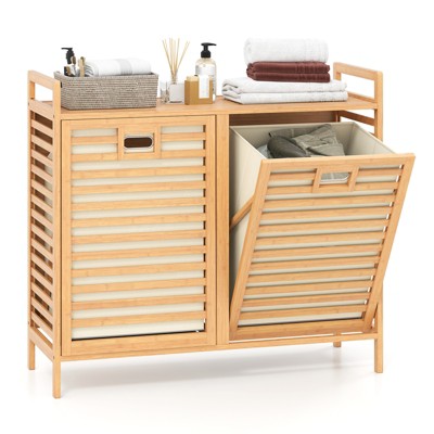 Tangkula Dual Laundry Basket Organizer w/Top Shelf 2 Pull-out Removable Bags Side Handles