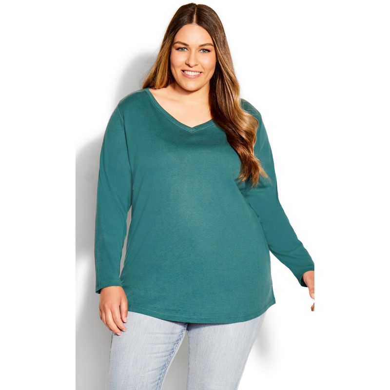Women's Plus Size V Neck Essential 3/4 Sleeve Tee - teal | AVENUE, 1 of 4