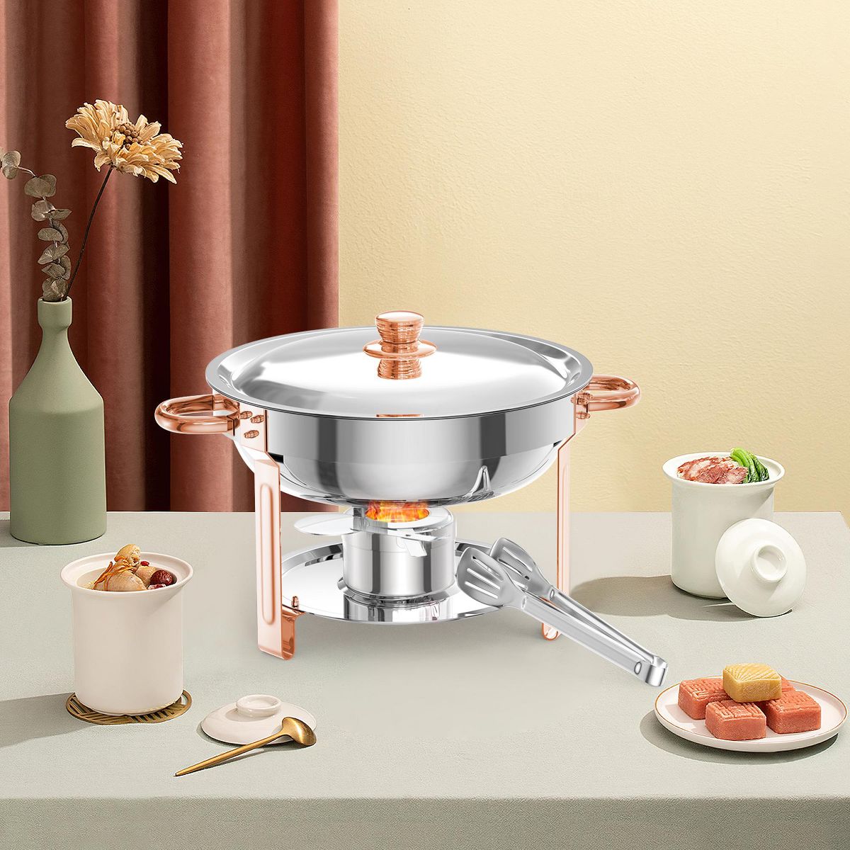 6-Pack 5QT Round Stainless Steel Chafing Dishes Set with Lid Holder & Cover - Buffet Warmers for Parties/Festivals/Weddings - thumbnail 7