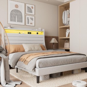 Bed Frame with USB Charging Station & LED Lights, LED Platform Bed with 2-Tier Upholstered Storage Headboard, Sturdy Wood Support, - 1 of 4