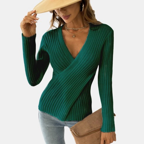 Women s Ribbed Surplice Wrap Sweater Cupshe m green Target