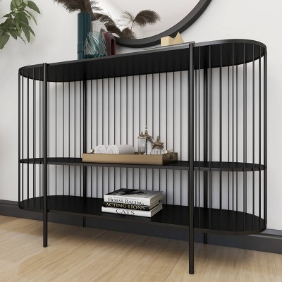 Sleek Black Metal Console Table with Dual Storage Shelves