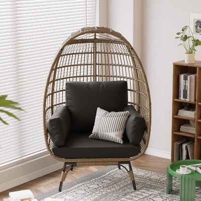 Oversized Wicker Egg Chair with Metal Stand, Waterproof & UV Resistant, Thick Removable Cushion, Indoor Outdoor Patio Lounge