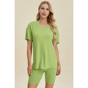 I am a Fashion Junky Basic Bae Full Size Ribbed V-Neck Short Sleeve Top and Shorts Set - 1 of 4