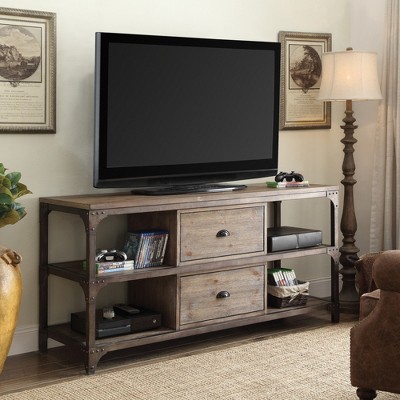 60.5" Wood Veneer TV Stand with 4 Shelves, 2 Drawers and Iron Frame for Living Room and Bedroom