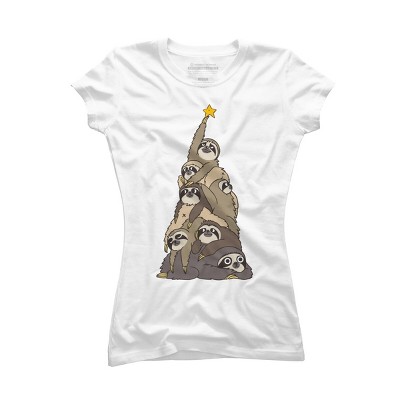 Junior's Design By Humans Christmas Tree Sloths By huebucket T-Shirt