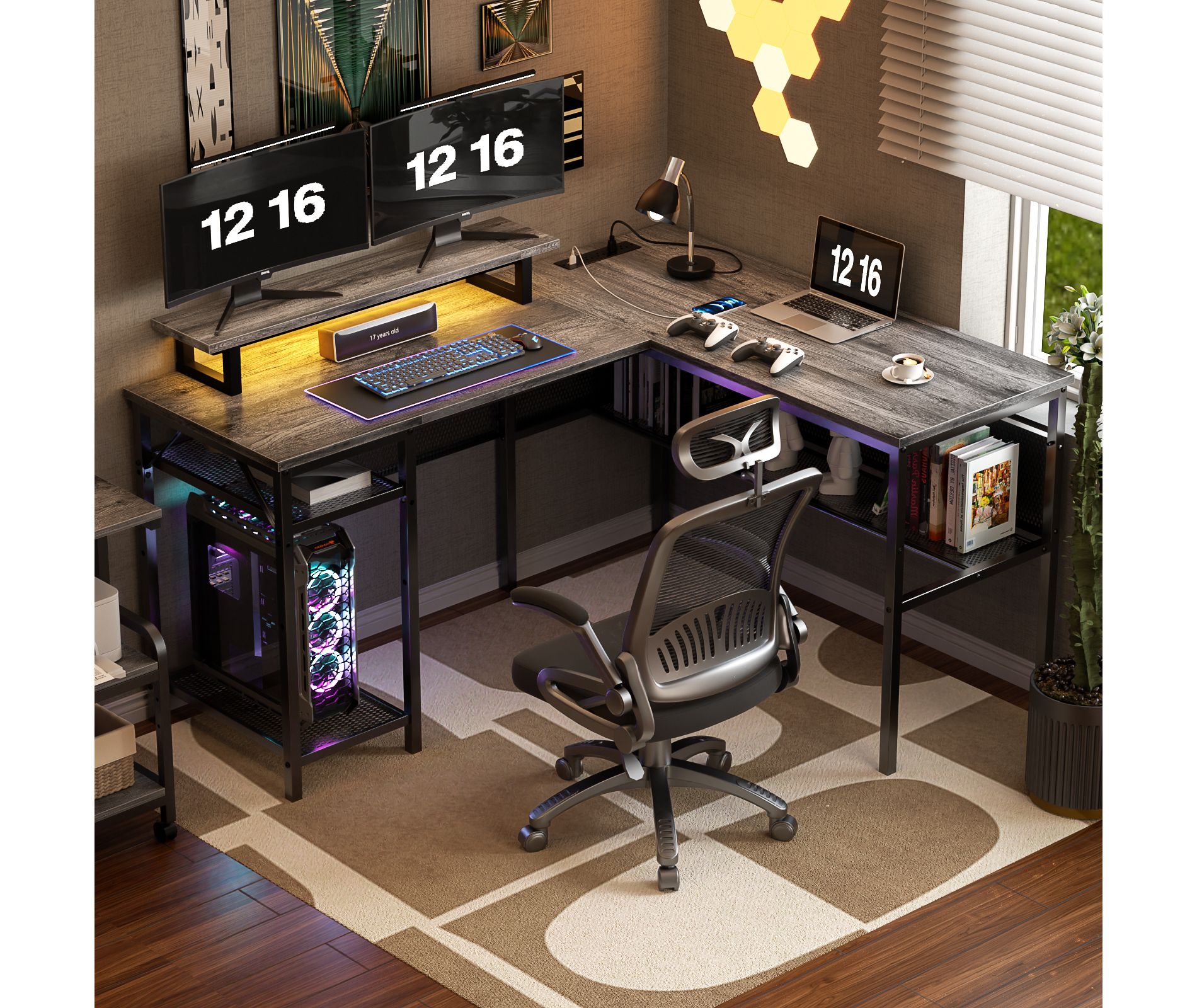 Aheaplus 55.5'' Reversible L-shaped Desk with Power Outlets and RGB LED Lights, Computer Table with CPU Stand and Monitor Stand