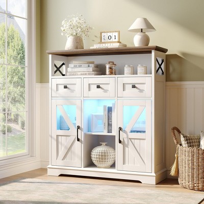 37" Sideboard Buffet Storage Cabinet, Coffee Bar Wood Kitchen Table, Rustic White