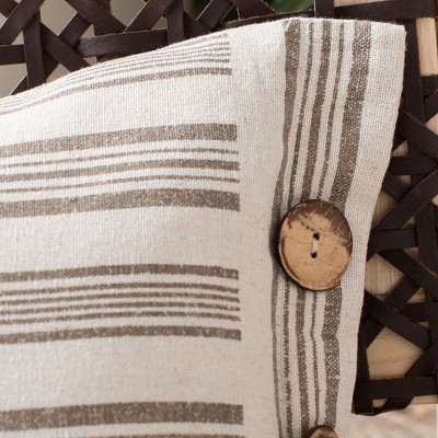Beige and White Striped Button Accent Rectangular Pillow
