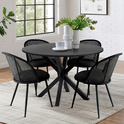 5-Piece Black Round Dining Table Set for 4, Bouclé Fabric Black Mesh Rattan Backrest Dining Chair Set Of 4, Dining Room Furniture-Maison Boucle