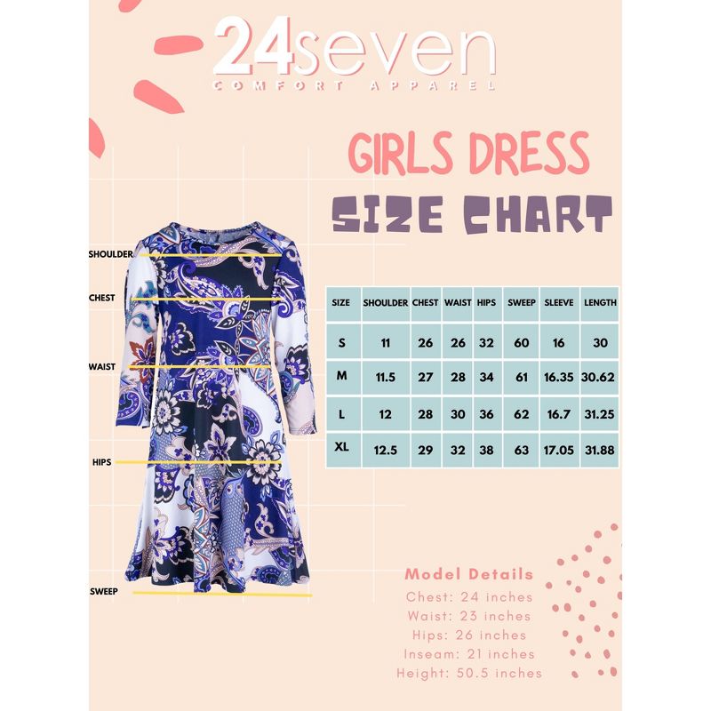 24seven Comfort Apparel Girls Blue Paisley Long Sleeve Loose Fit Knee Length Tunic Pocket Dress, 4 of 5
