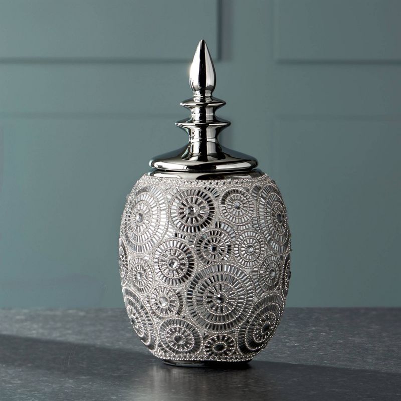Dahlia Studios Silver Geometric Circles 13" High Ceramic Decorative Jar with Lid, 2 of 7