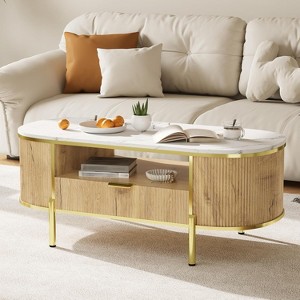 COZONY Modern Fluted Coffee Table with Drawer, 48" Oval Faux Marble Top & Gold Legs for Living Room - 1 of 4