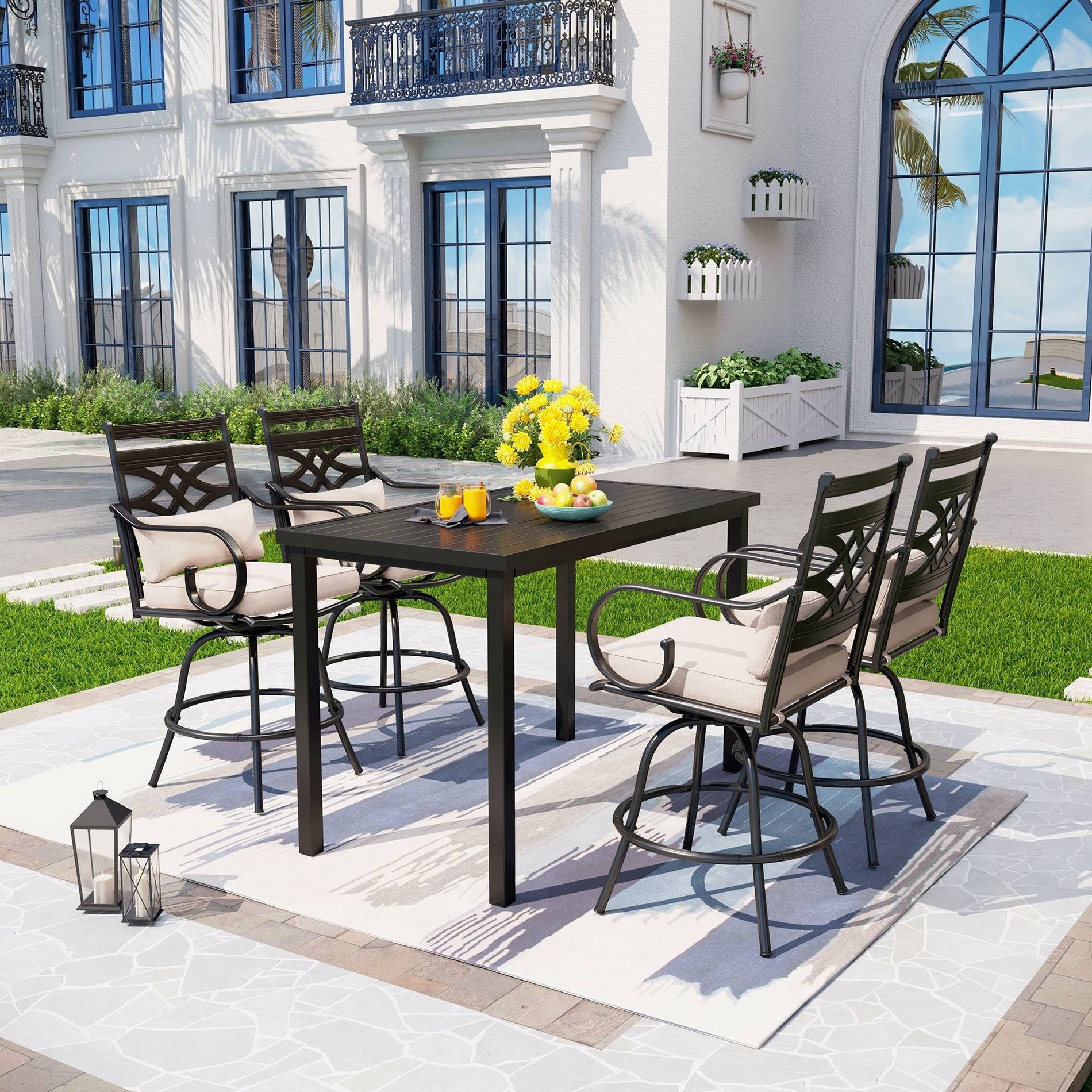 5pc Outdoor Set with Swivel Stools with Cushions & Metal Table Black/Beige - Captiva Designs