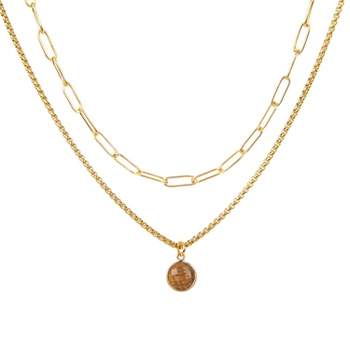 Gold Plated Paperclip Chain & Tigers Eye Pendant Necklace Set 2pc - ETHICGOODS