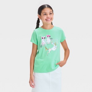 Girls' Short Sleeve Tennis Animals Graphic T-Shirt - Cat & Jack™ Lime Green - 1 of 4